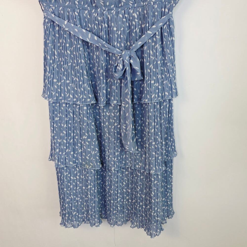 Entro Midi Tiered Dress Large Blue White Feather Pleated Flutter Sleeve Cottage - Picture 7 of 15